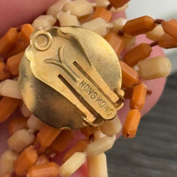 Hong Kong Signed Beige Brown Tan Tones Matching Necklace Clip‎ On Earring Set - Picture 4 of 7